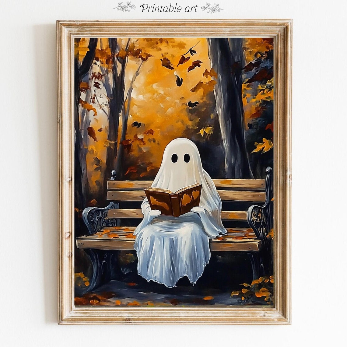 Cute Halloween Ghost Reading A Book Wall Art Spooky Vintage Poster Halloween Muted Neutral Print Whimsical Halloween Ghost Art 667