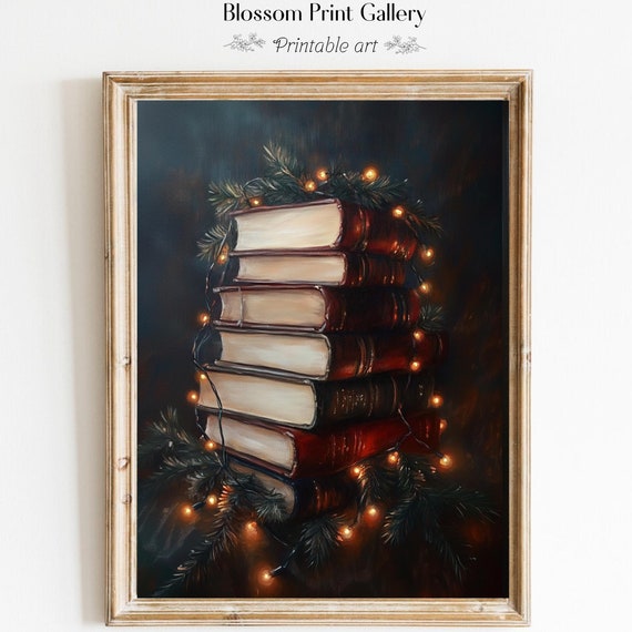 Rustic Christmas Book Stack Wall Art Book Lovers Vintage Christmas Oil Painting Dark Academia Moody Decor Winter Holiday 767