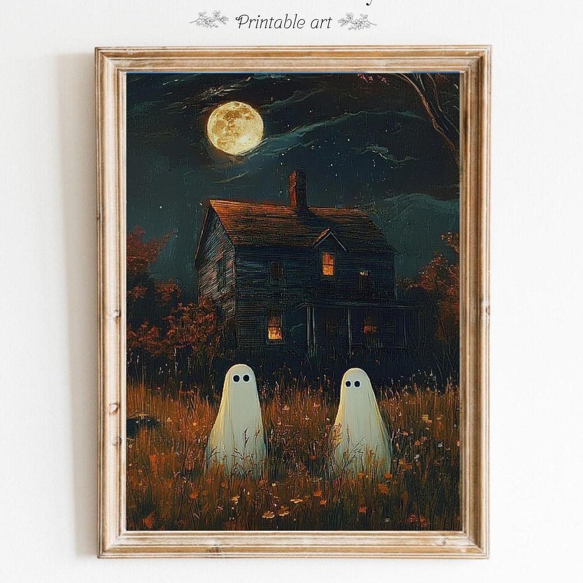 Two Cute Ghosts Before An Old House Under A Full Moon Poster