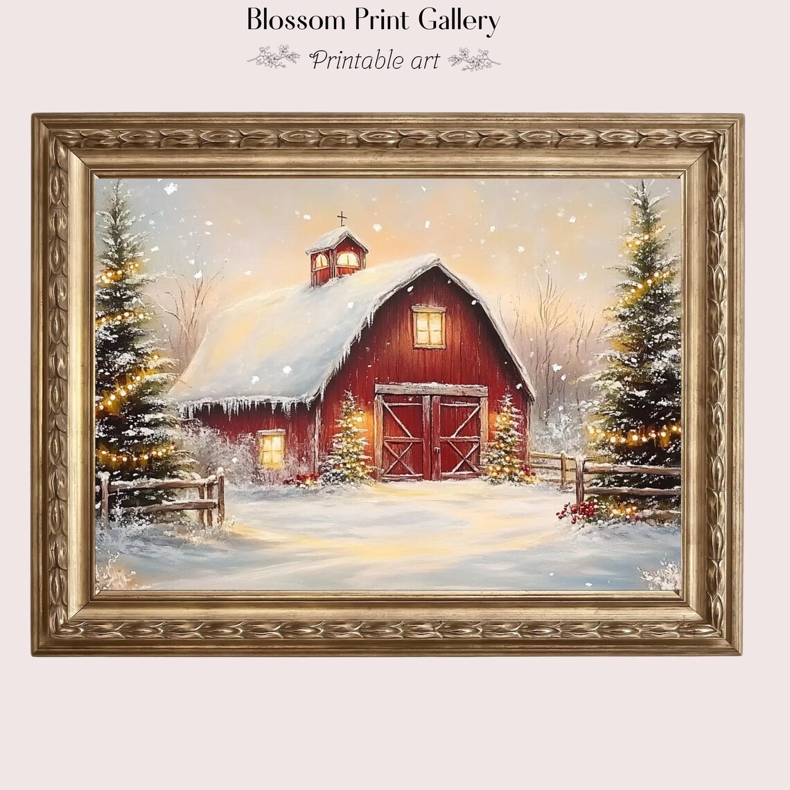 Snowy Red Barn Glowing Christmas Lights Winter Farm Art Poster