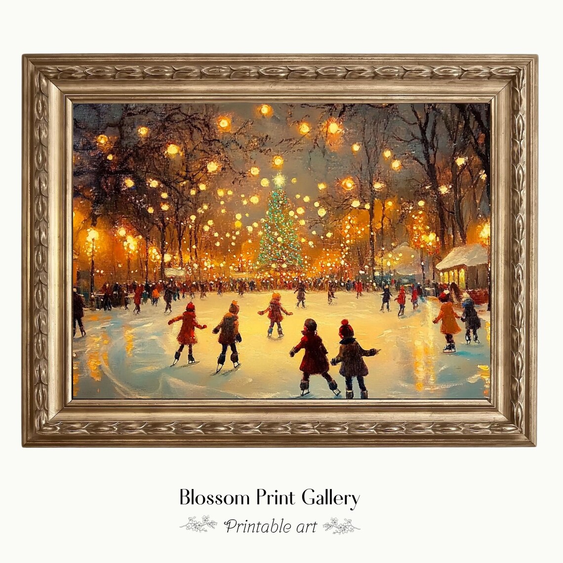 Vintage Winter Ice Skating Scene, Christmas City Art Print