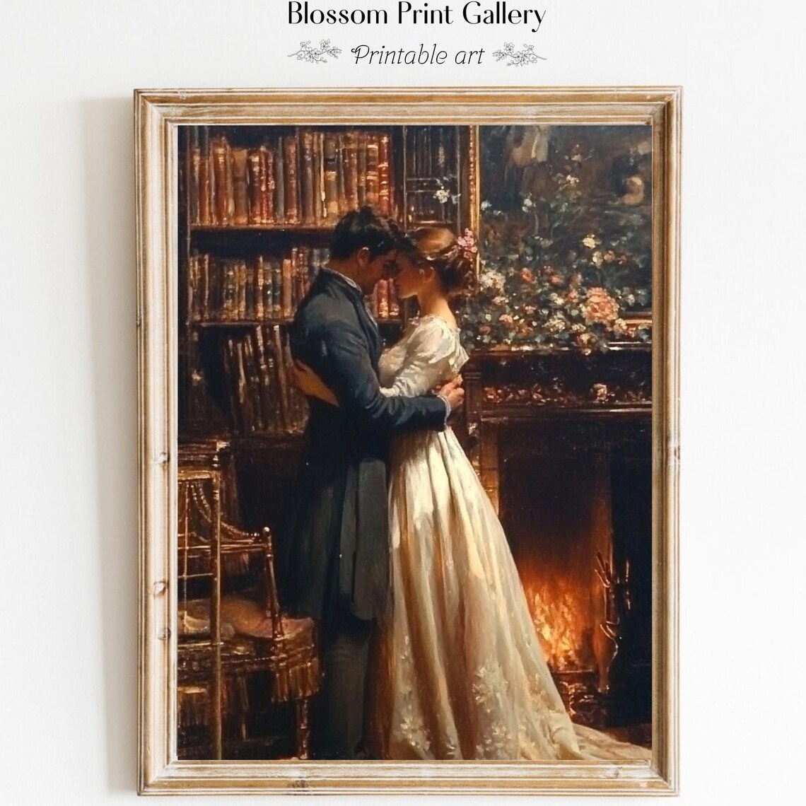 Romantic Couple Kiss Library Fireplace Vintage Love Painting Poster