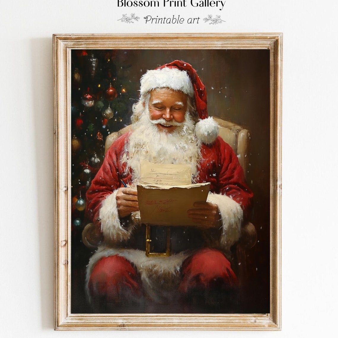 Vintage Christmas Wall Art Santa Reading Book Winter Holiday Art Christmas Oil Painting Cottagecore Decor Santa Claus Print 760