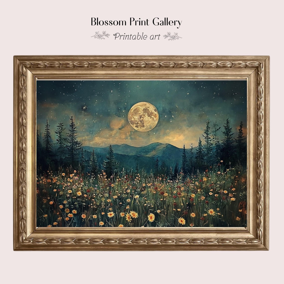Midnight Meadow Full Moon Starry Night Sky Wildflower Scenery Poster