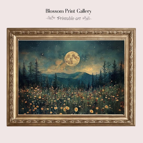 Midnight Meadow Wall Art Wildflower Scenery Art Moody Vintage Enchanting Moon Art Night Sky Painting Nature Aesthetic Dark Academia 733