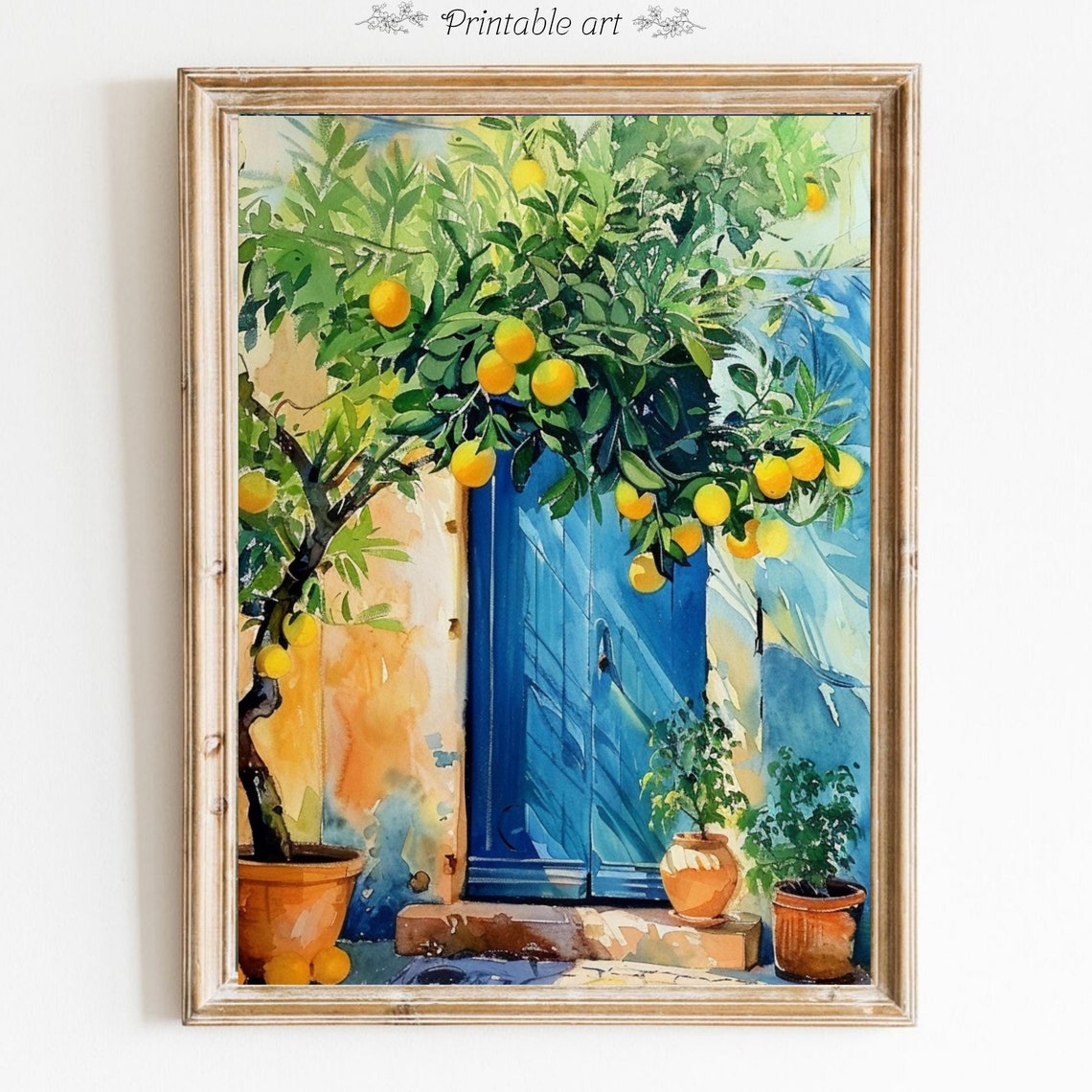 Lemon Tree Watercolor with a Bright Blue Mediterranean Door Wall Art