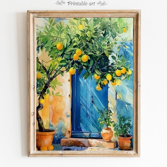 Lemon Tree Watercolor with a Bright Blue Mediterranean Door Wall Art