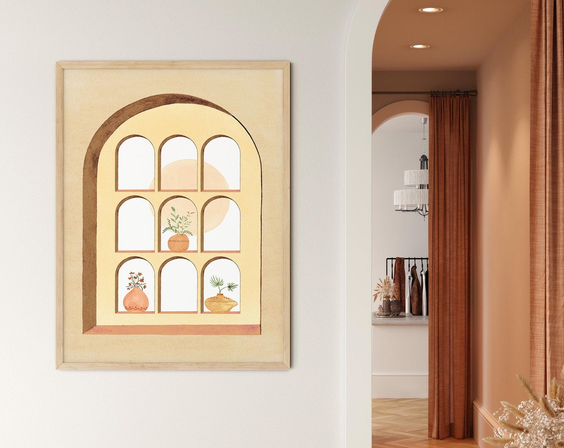 Mid Century Arched Window with Potted Plants Neutral Tone Poster - Image 3
