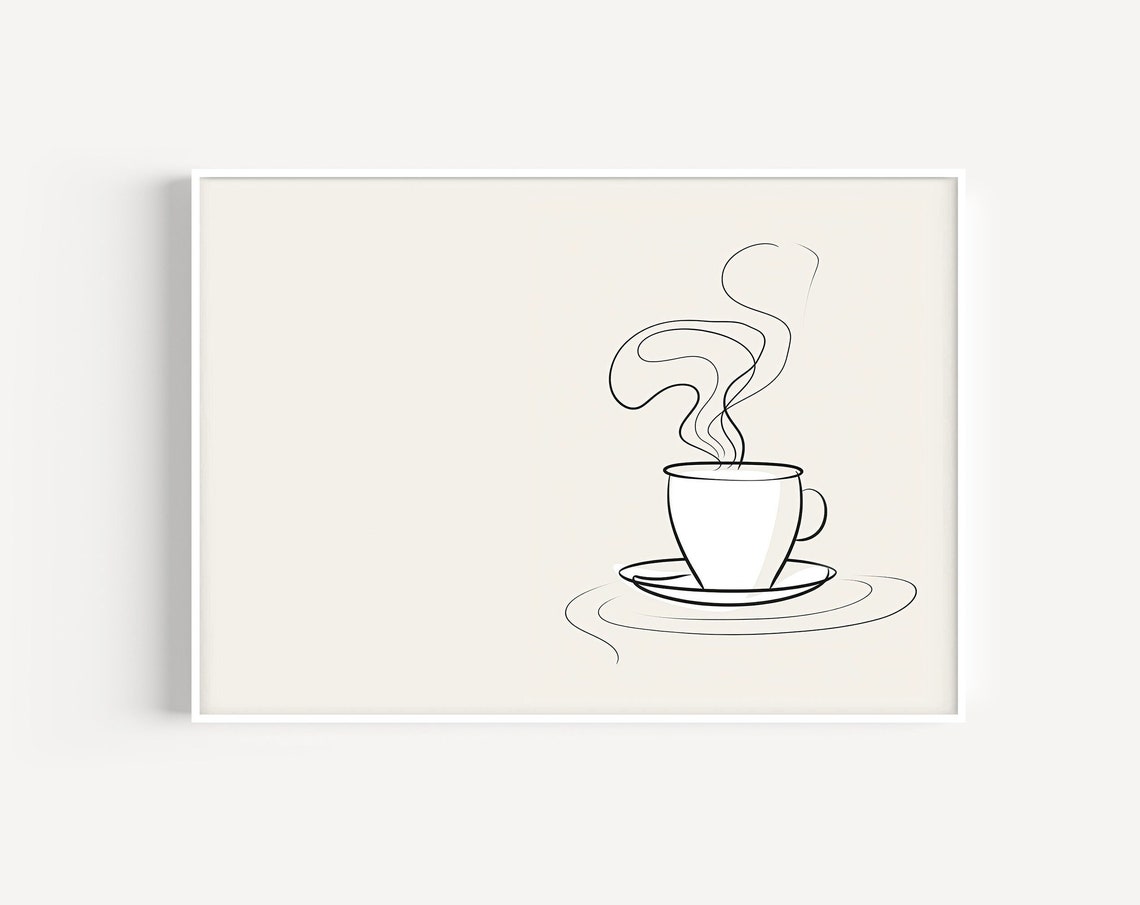 Coffee Cup Line Art Minimalist Steaming Mug Kitchen Wall Poster
