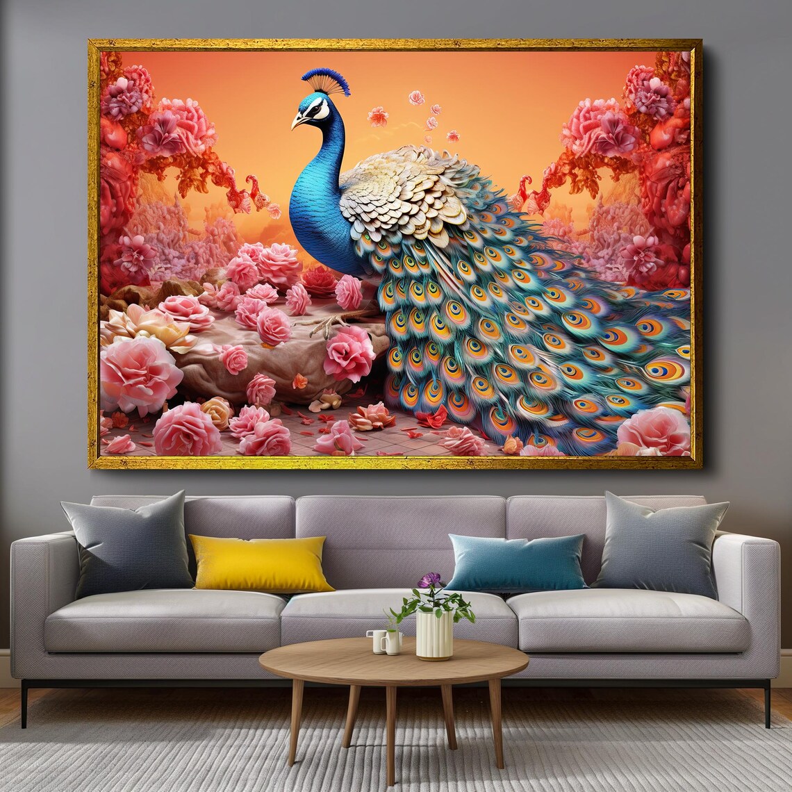 Majestic Peacock Among Pink Roses Opulent Floral Garden Poster - Image 4