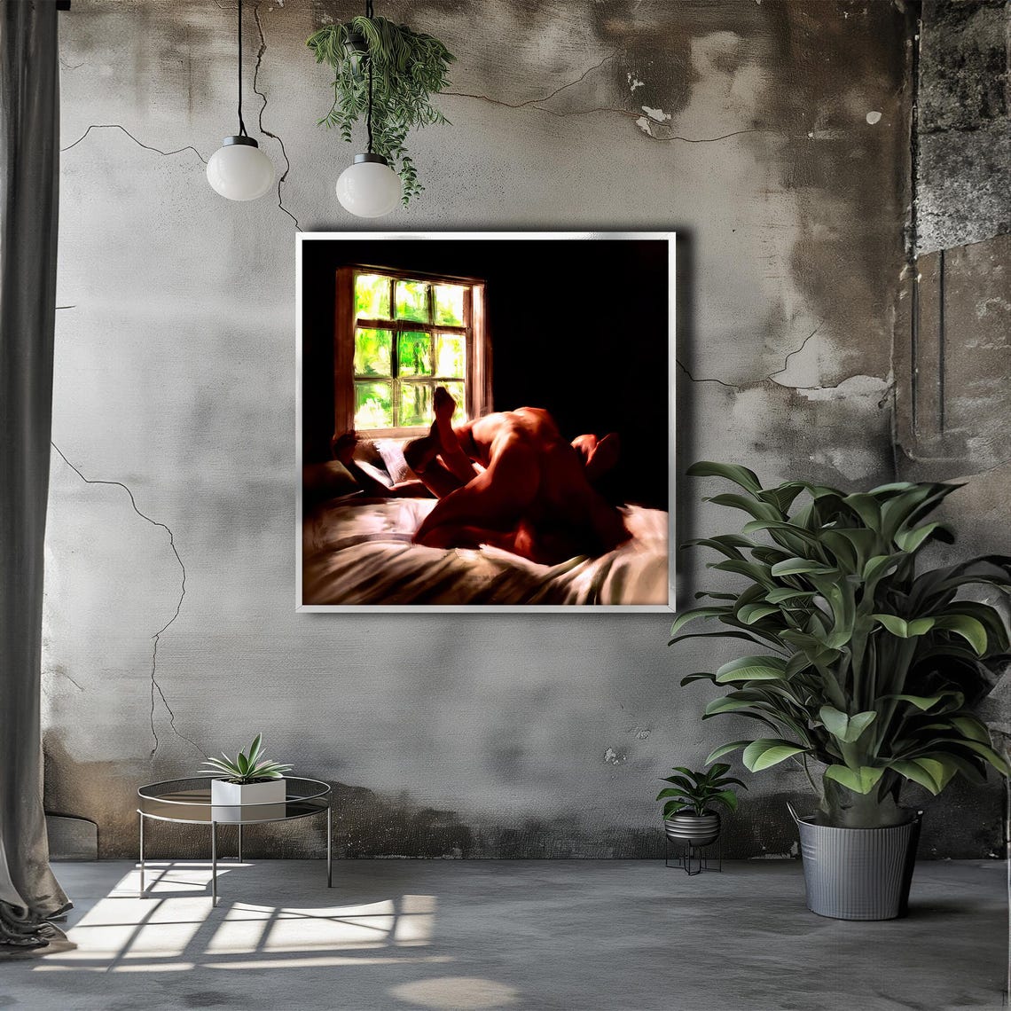 Sunlit Intimate Lovers Embrace by the Window Erotic Art Poster - Image 3