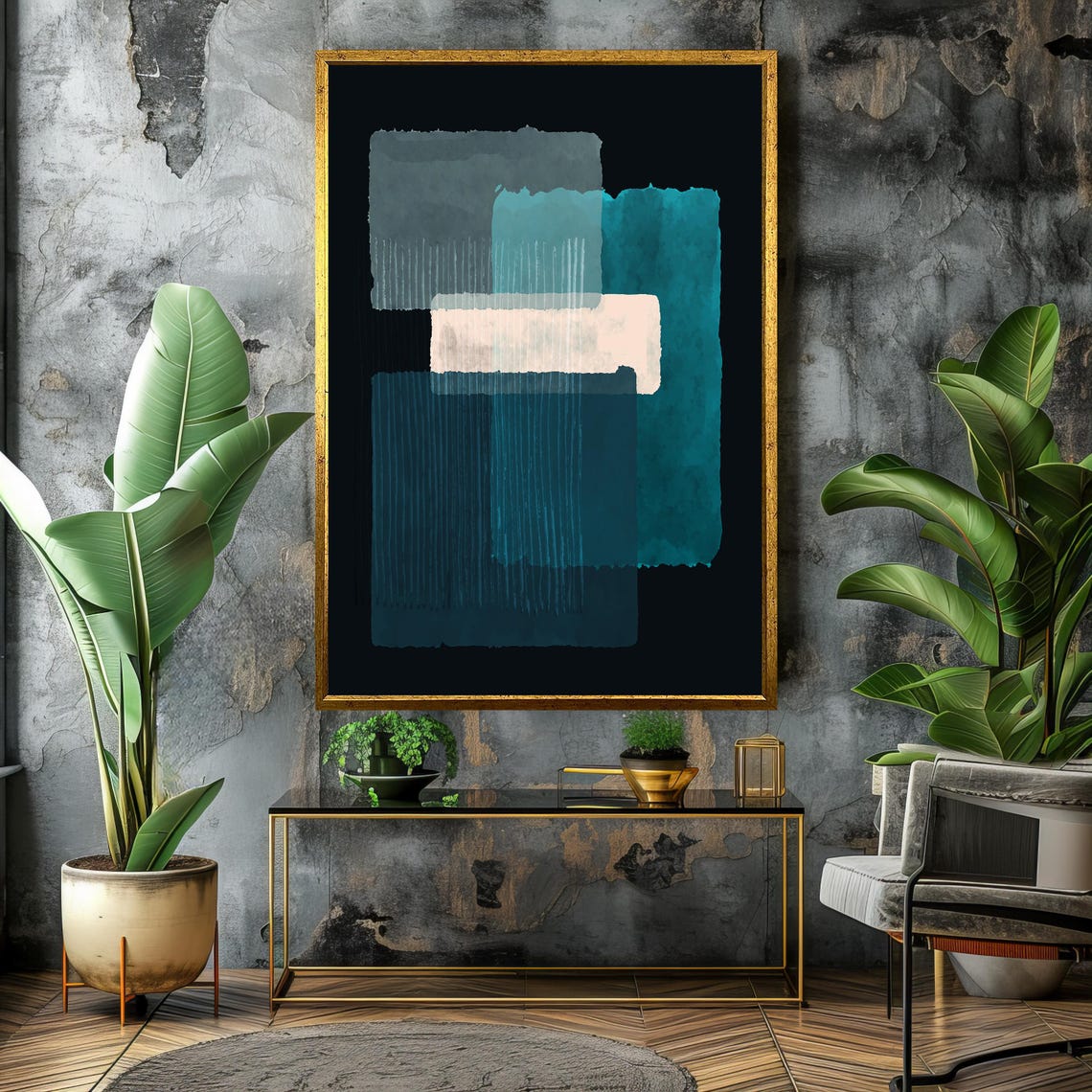 Teal Blue Grey Layered Blocks Abstract Modern Art Decor Poster - Image 4