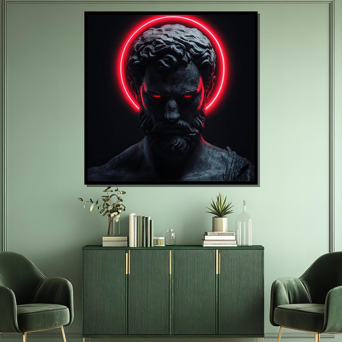 Neon Red Halo Zeus Bust Dark Greek Mythology Abstract Statement Poster - Image 3