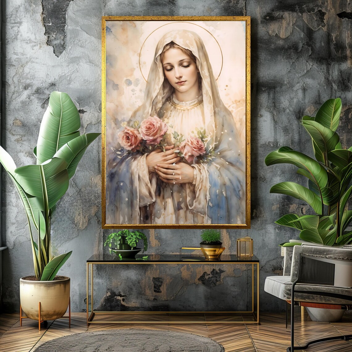 Virgin Mary With Pink Roses Soft Watercolor Religious Portrait Poster - Image 4