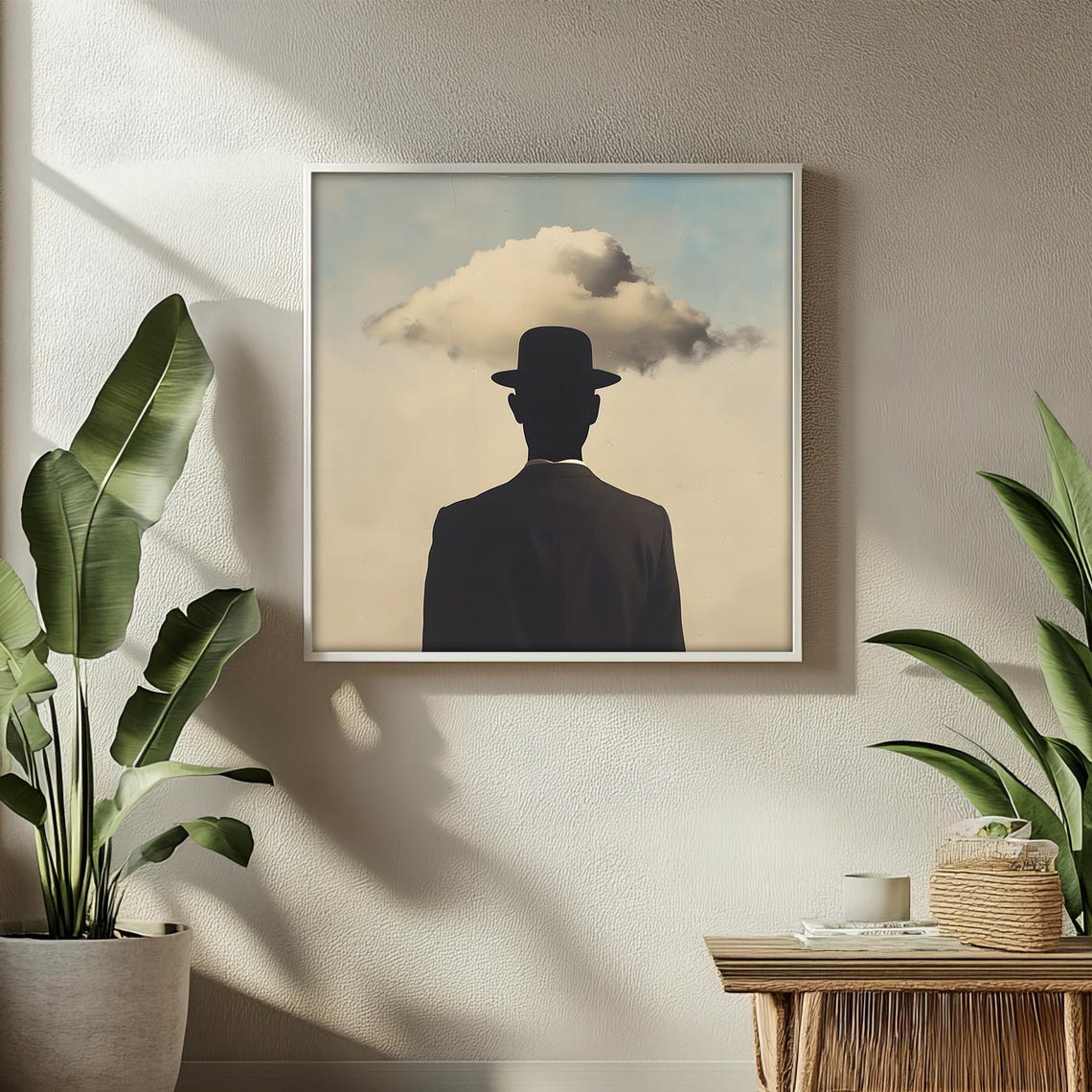 Iconic Magritte Style Silhouette With Floating Cloud Surrealist Painting Gift For Thoughtful And Unique Home Decor - Image 2