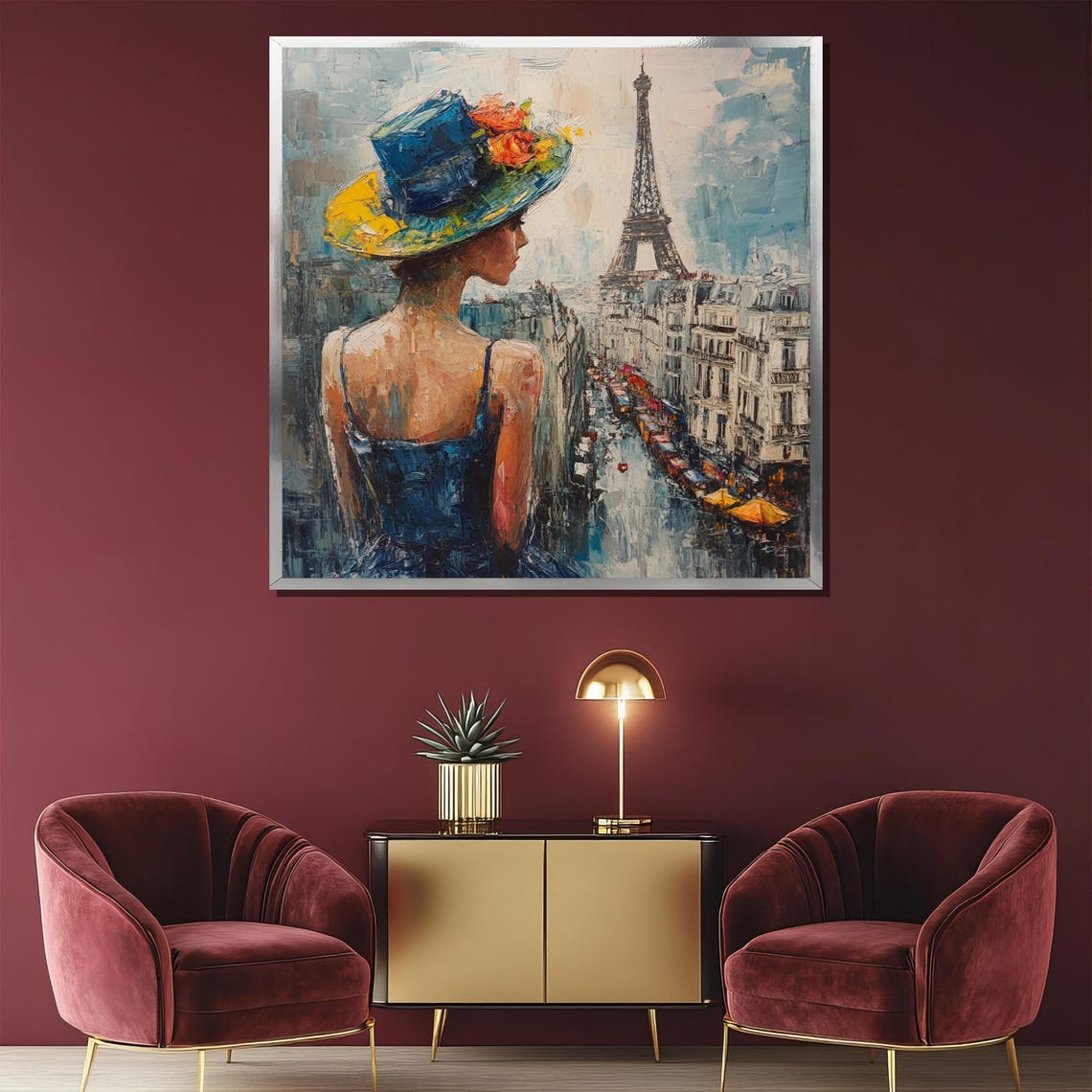 Parisian Woman in Blue Hat Overlooking Eiffel Tower Art Poster - Image 2
