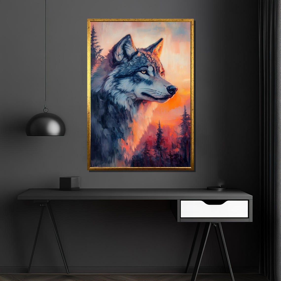 Majestic Wolf Profile At Sunset Painterly Wildlife Scene Poster - Image 4