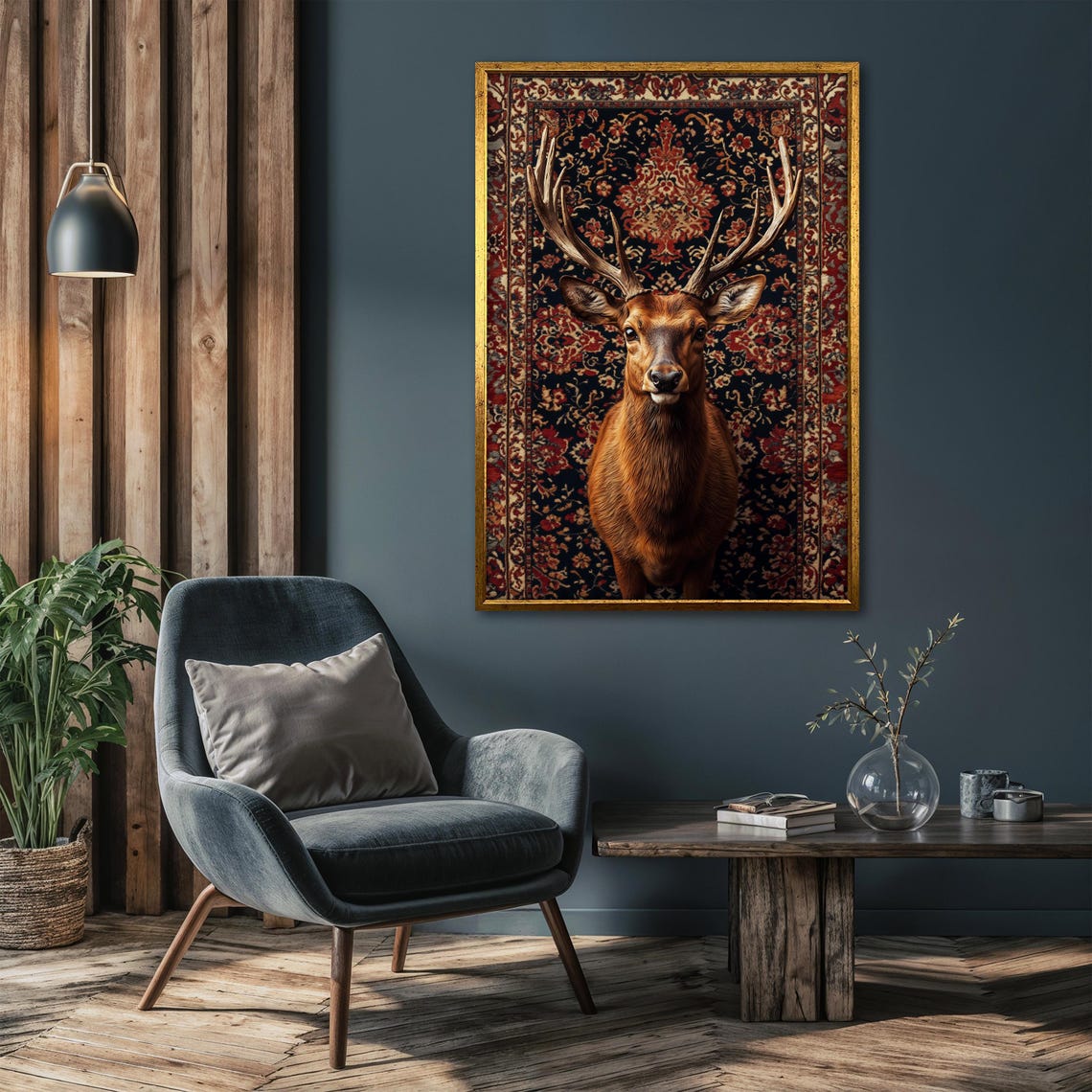 Majestic Stag with Large Antlers Standing on a Dark Rug Poster - Image 4