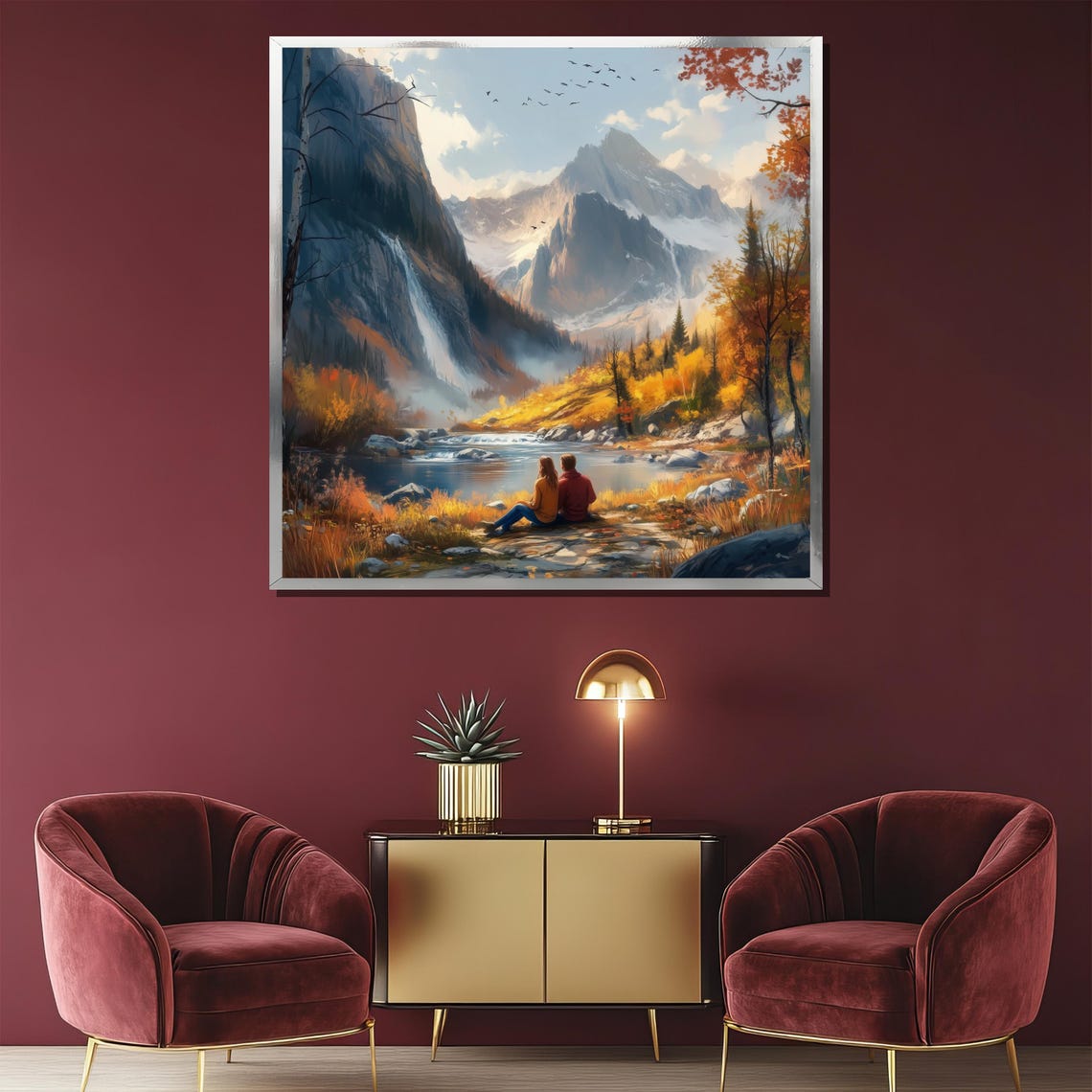 Couple by Alpine Lake With Waterfall and Snowy Peaks Art Poster - Image 2