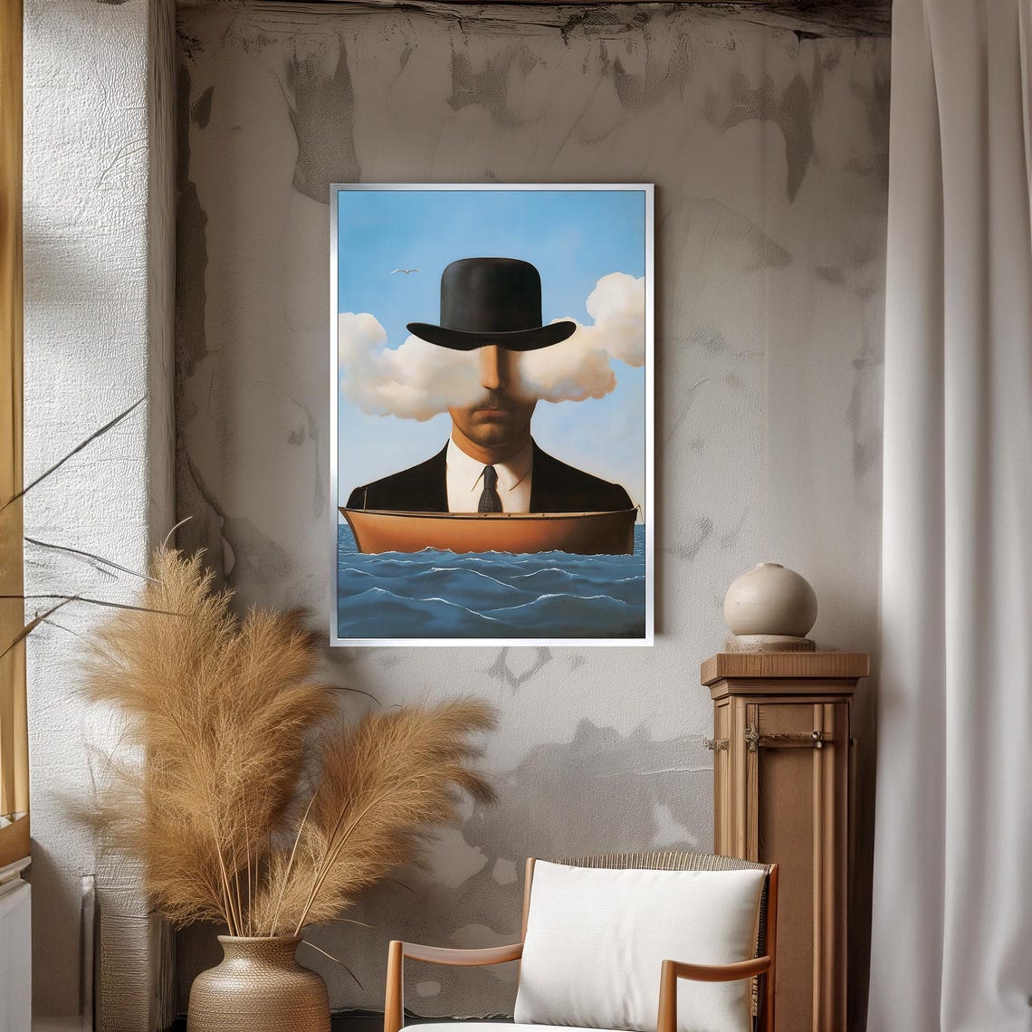 Surreal Bowler Hat Man Sailing A Boat Across A Sea Of Clouds Poster - Image 3