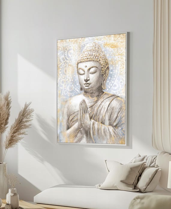 Golden Meditating Buddha Painting Serene Zen Art For Peaceful Home Dcor Spiritual Enlightenment Gift