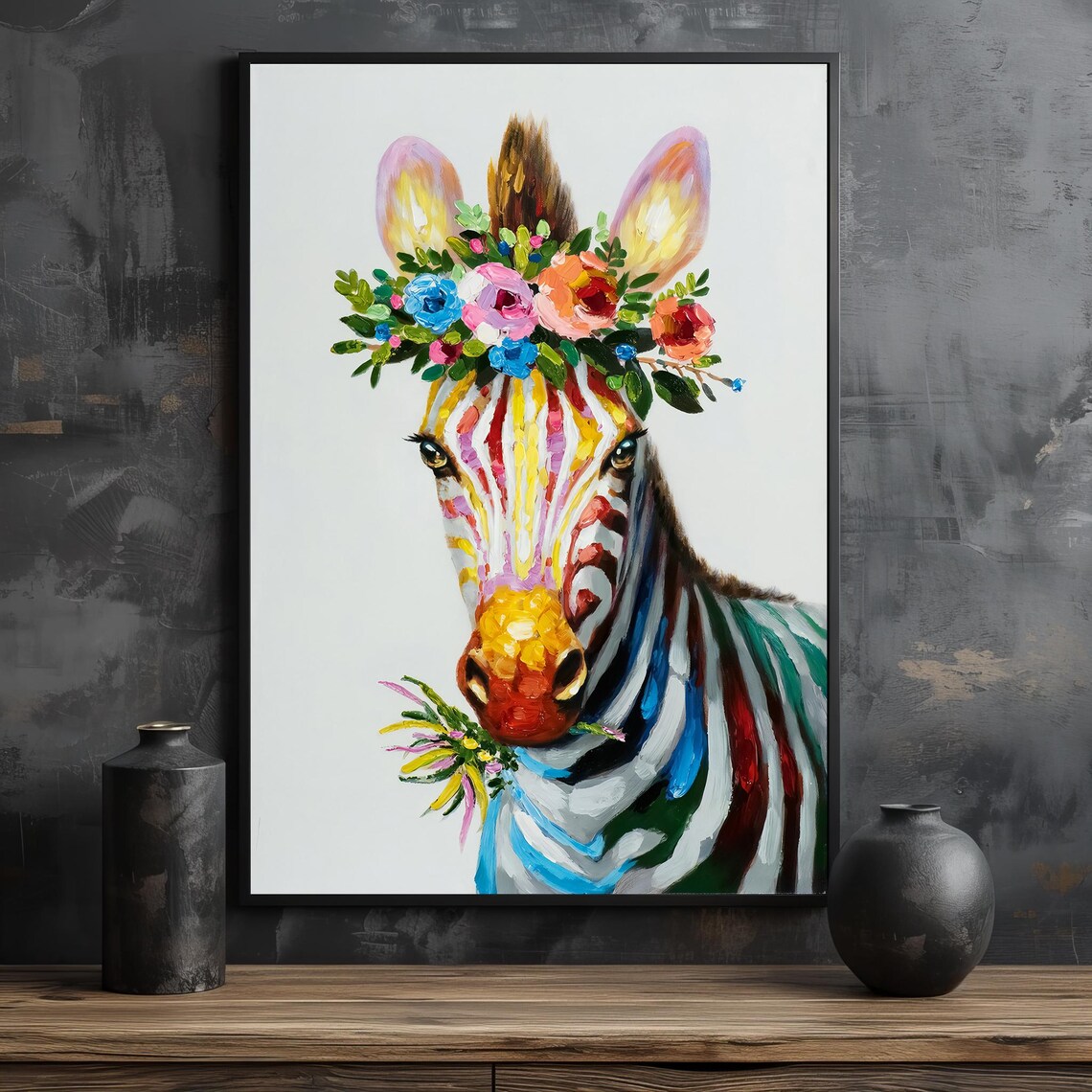 Colorful Zebra Wearing Floral Crown Whimsical Rainbow Animal Art Poster - Image 2