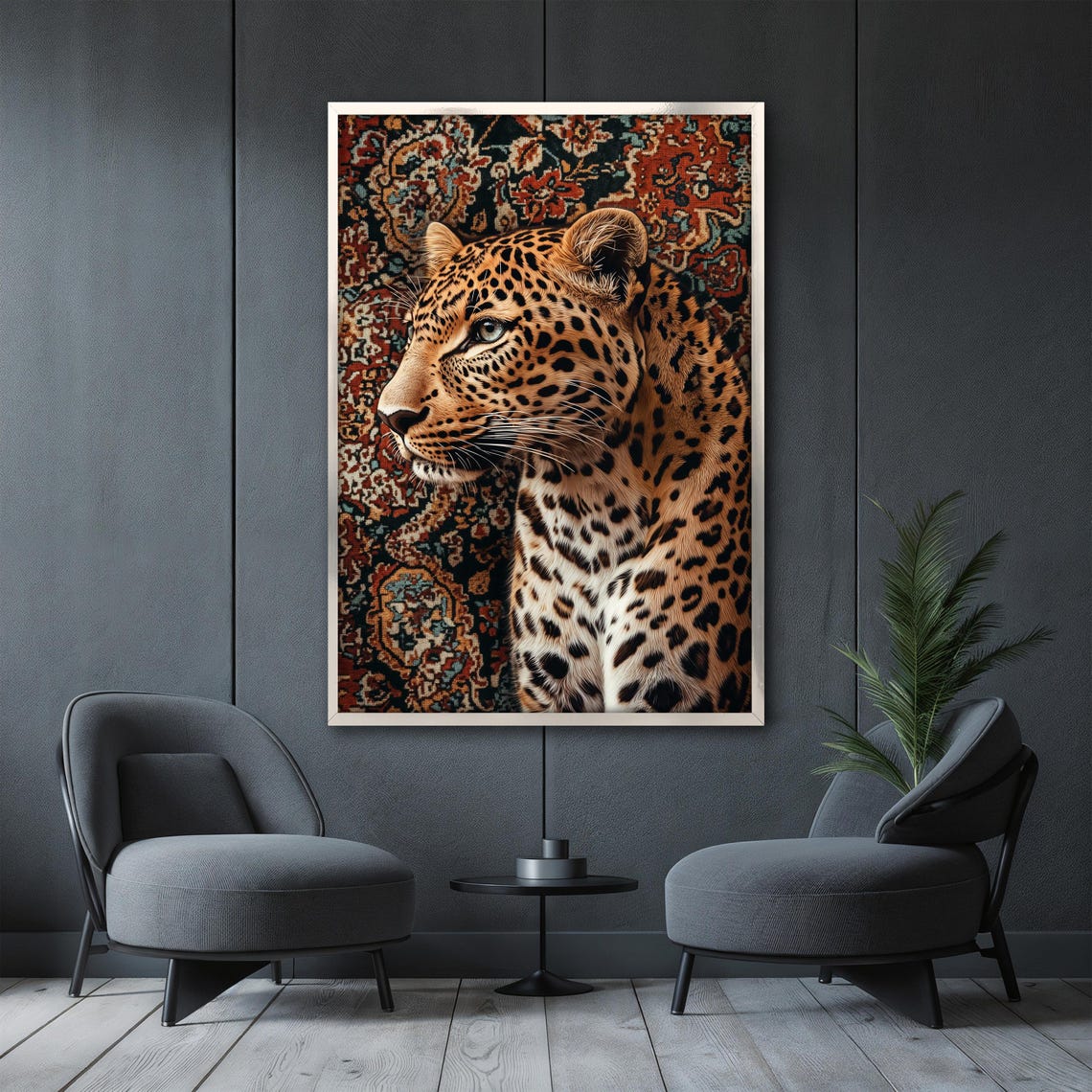 Leopard Profile Portrait Set Against a Multicolor Ornate Rug Poster - Image 3