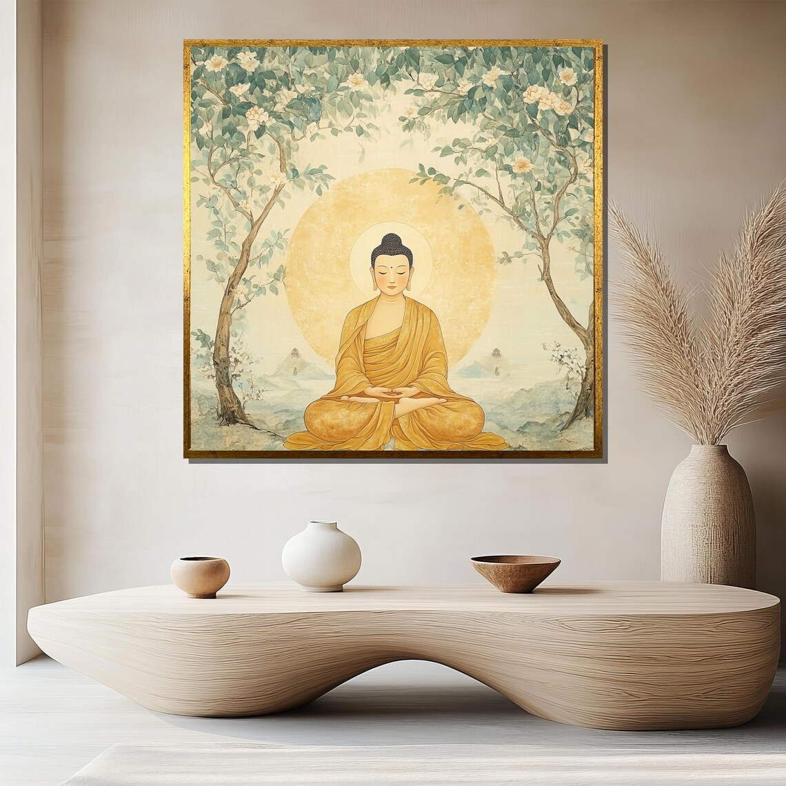 Meditating Buddha Under Flowering Trees Golden Zen Art Poster