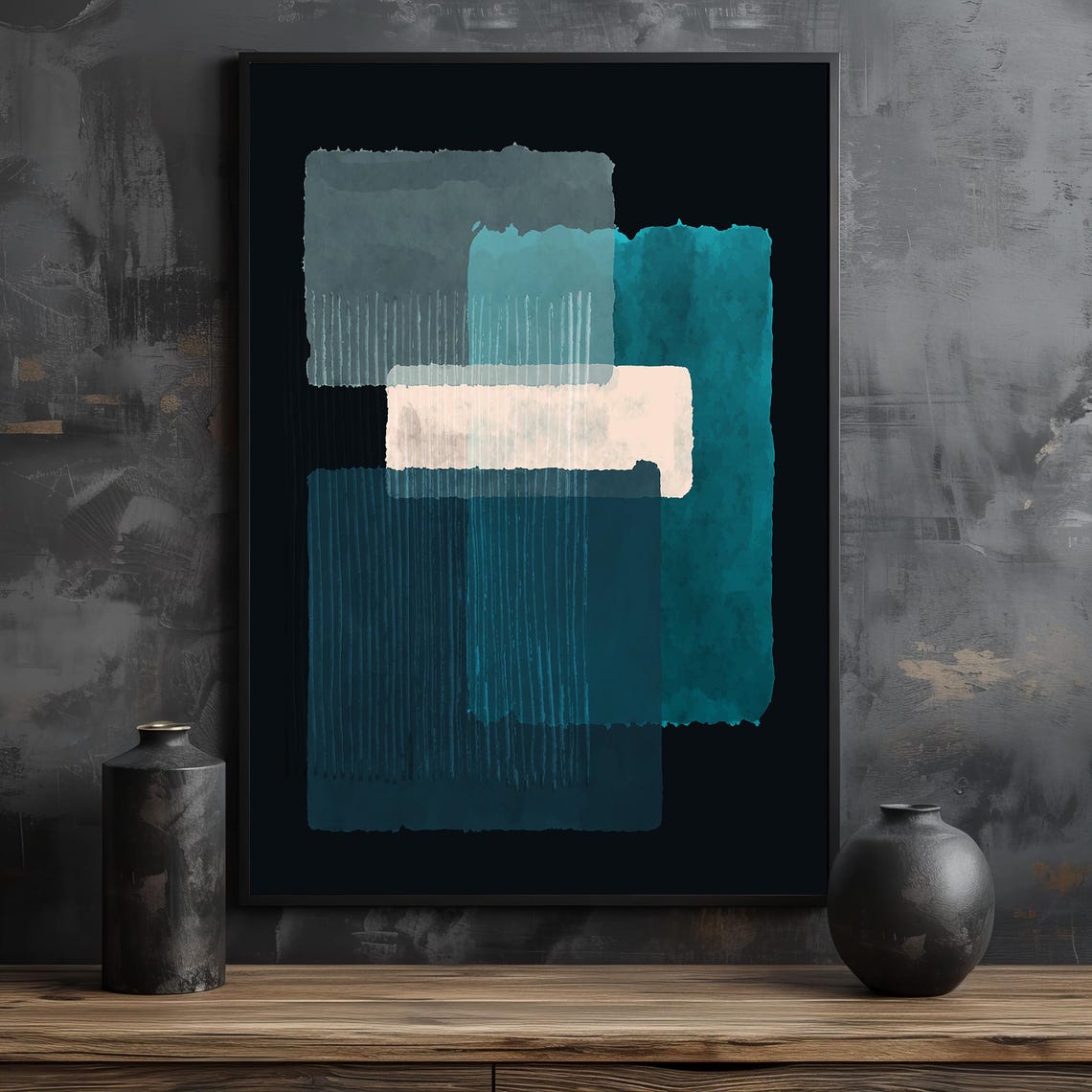 Teal Blue Grey Layered Blocks Abstract Modern Art Decor Poster - Image 2