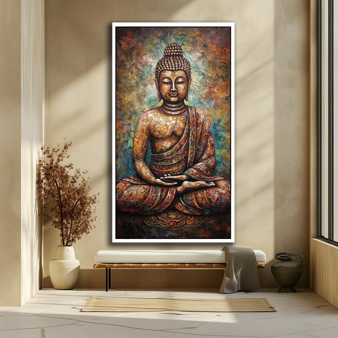 Serene Meditating Buddha Impasto Painting Warm Earth Tones Poster - Image 2