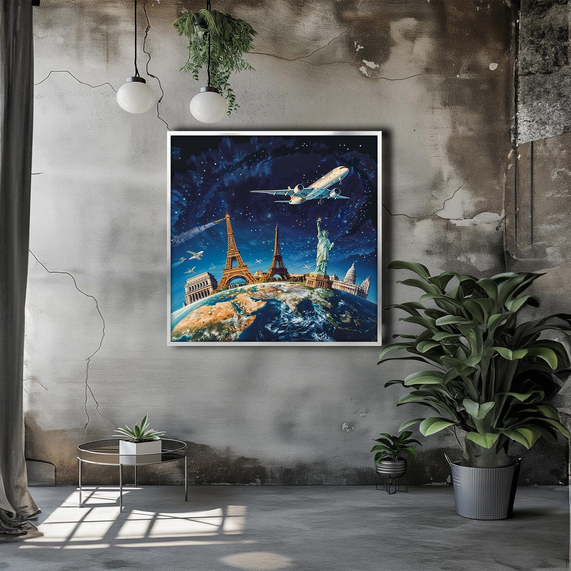 World Landmarks Under Starry Night Airplane Adventure Travel Poster - Image 3