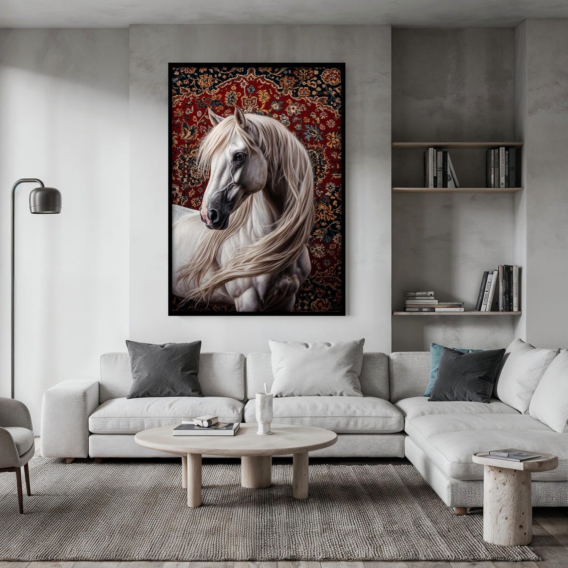 White Horse Portrait with Its Head Turned on a Red Rug Poster - Image 2