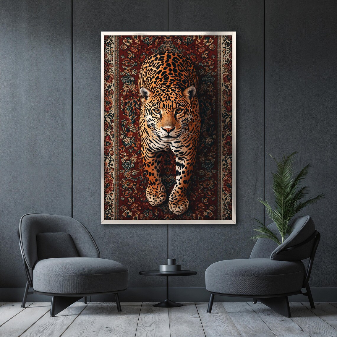 Leopard Walking Straight Toward the Viewer on a Red Oriental Rug Poster - Image 3