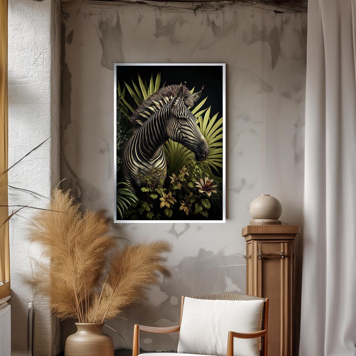 Elegant Zebra In Lush Jungle Dark Botanical Animal Portrait Art Poster - Image 3