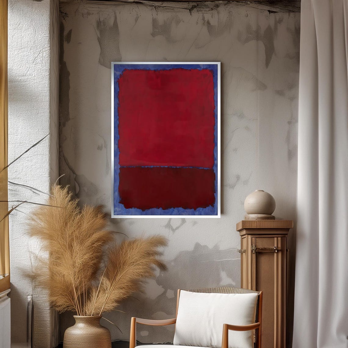 Rich Red Burgundy Over Blue Abstract Color-Field Decor Poster - Image 3