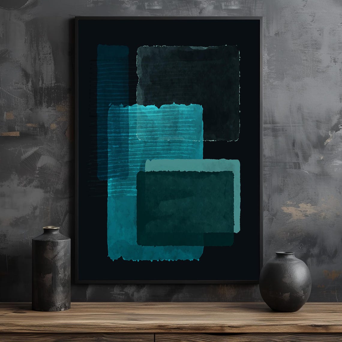 Mark Rothko Style Layered Teal Watercolor Blocks On Black Art Poster - Image 2