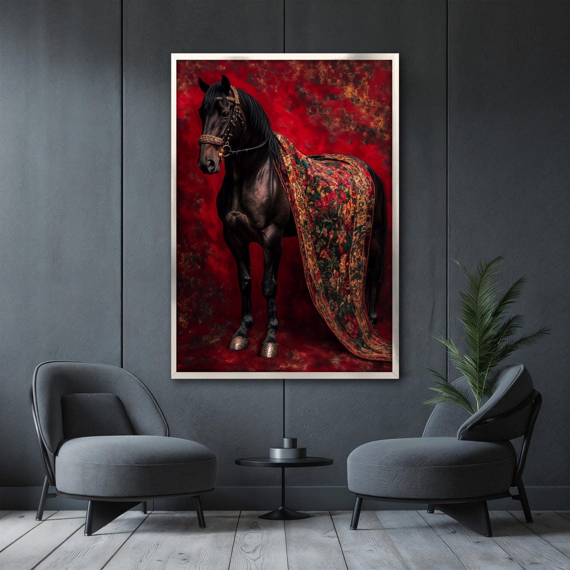 Black Horse Draped in Ornate Patterned Fabric on Deep Red Poster - Image 3
