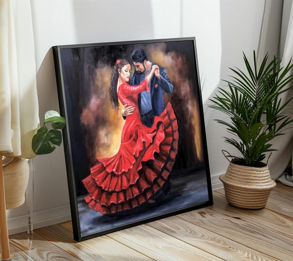 Passionate Dance Elegant Couple Embracing In A Flamenco Dance Expressive Painting For Love Themed Home Decor Gift