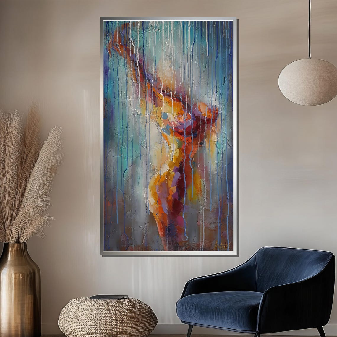 Abstract Female Figure in Dripping Paint Teal Orange Art Poster - Image 2