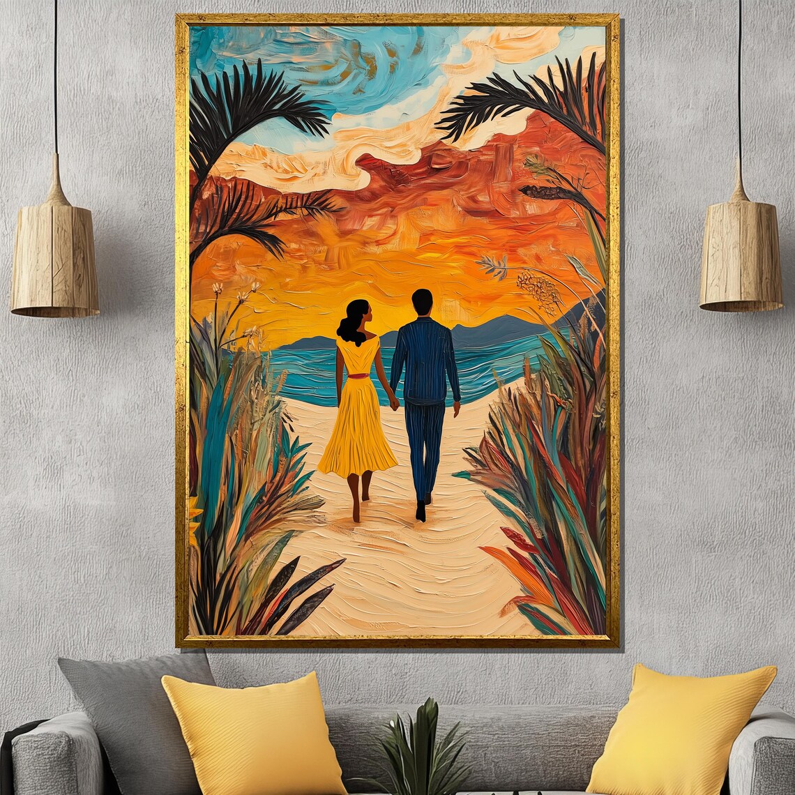 Couple Walking Beach at Sunset in Tropical Orange Sky Art Poster