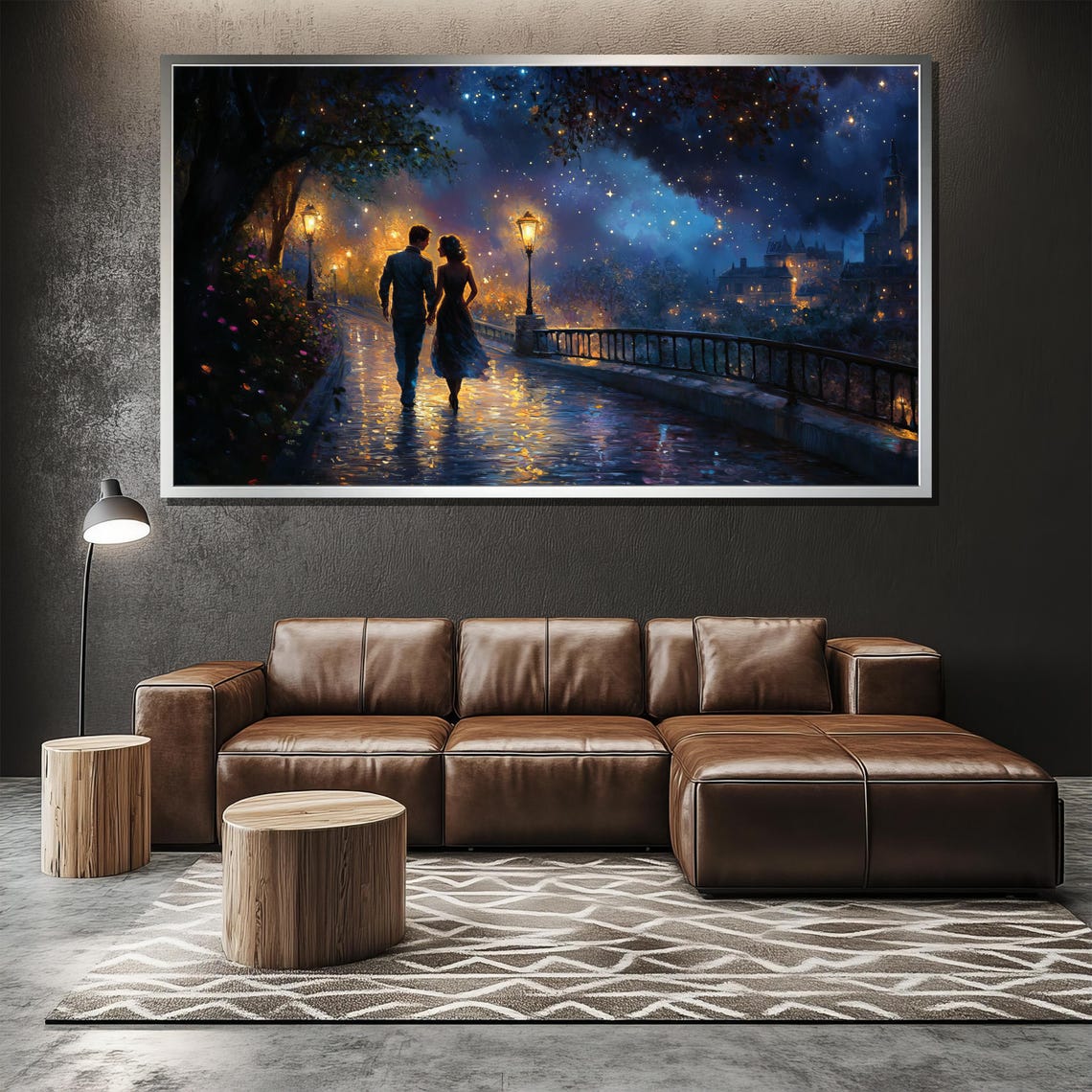 Couple Strolling Bridge Under Starry Night City Lights Poster - Image 2
