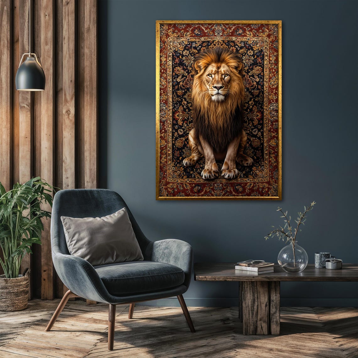 Regal Lion Sitting in State on a Dark Ornate Persian Rug Poster - Image 4