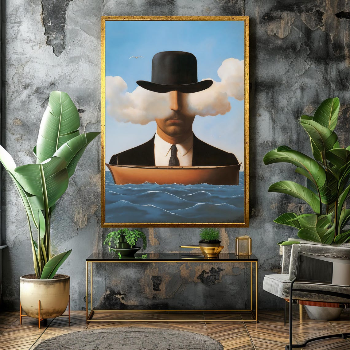 Surreal Bowler Hat Man Sailing A Boat Across A Sea Of Clouds Poster - Image 4