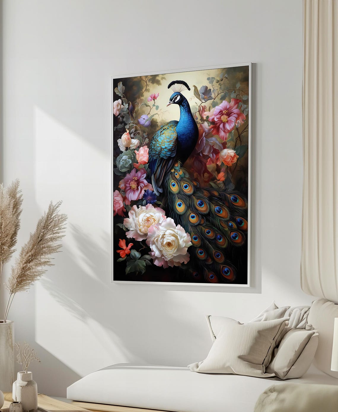 Majestic Peacock Surrounded By Colorful Flowers Elegant Poster