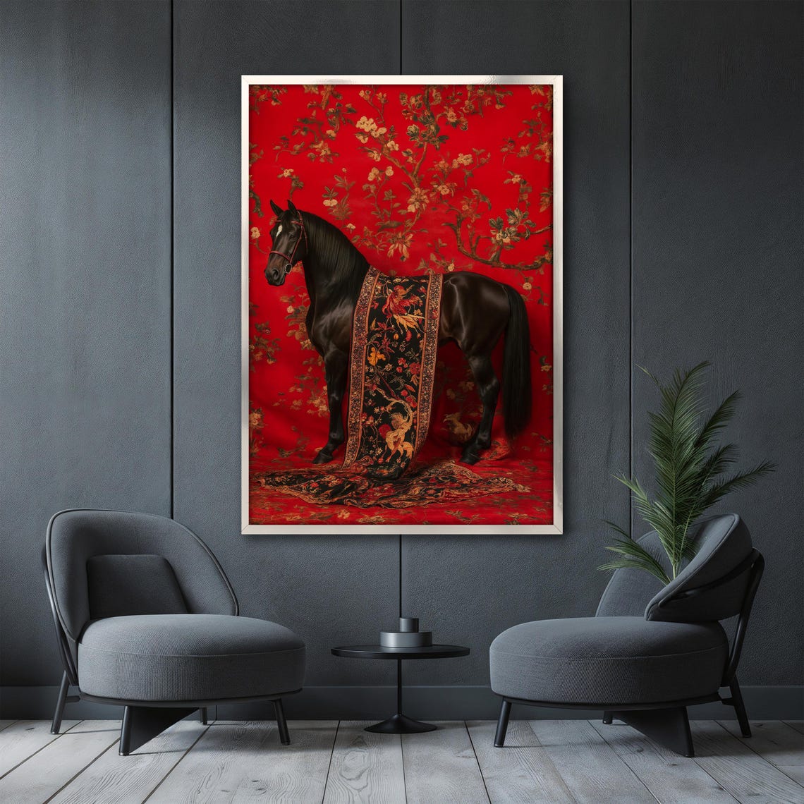 Black Horse Wearing an Embroidered Blanket on Red Floral Poster - Image 3