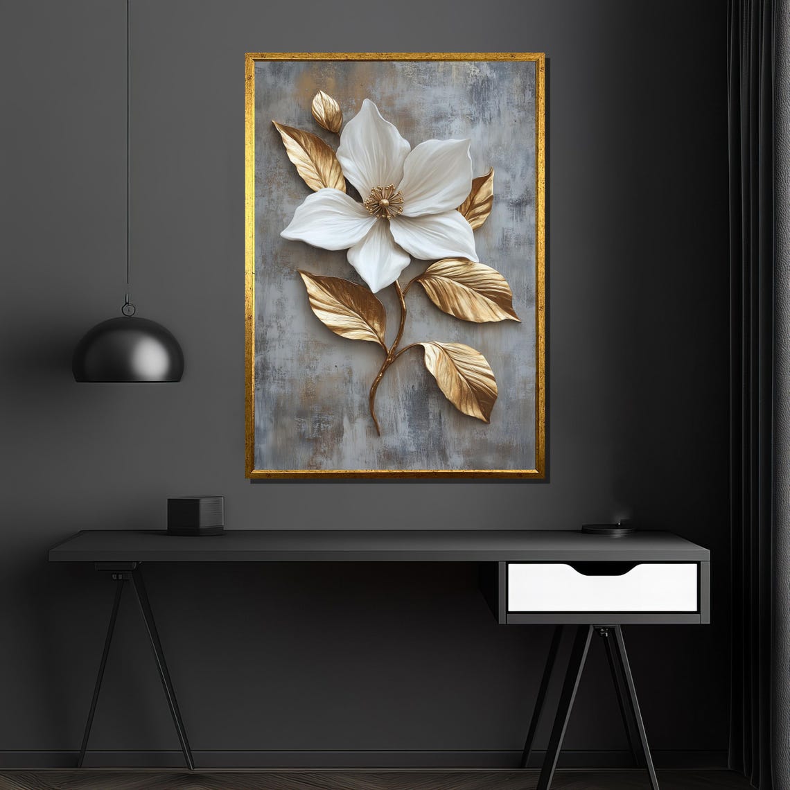 White Bloom With Metallic Gold Leaves Luxury Floral Art Poster - Image 4