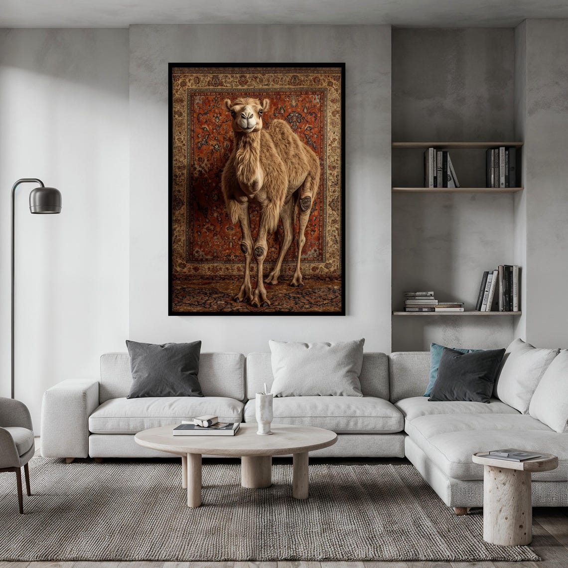 Camel Portrait Facing the Viewer Before an Orange Ornate Rug Poster - Image 2