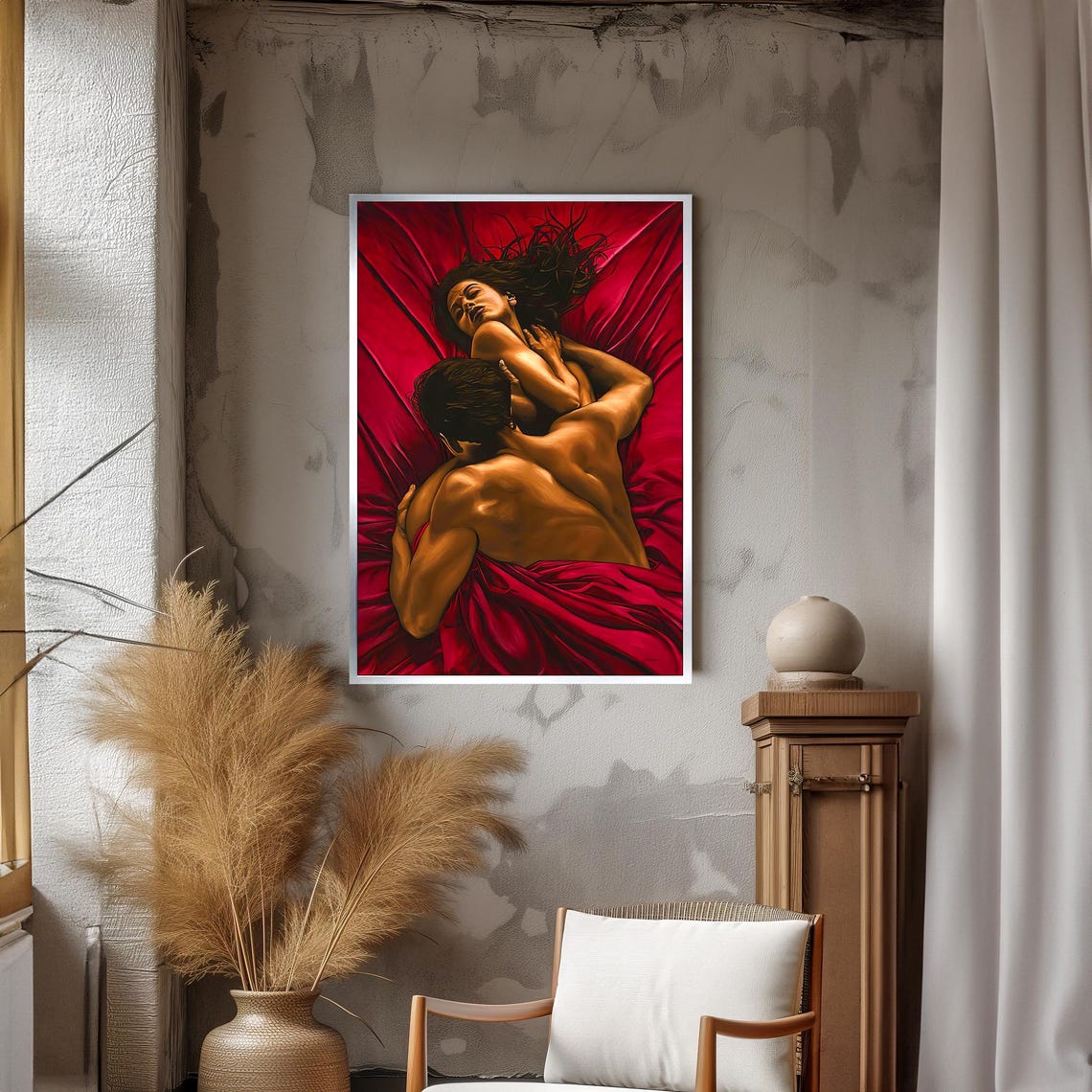 Passionate Lovers Embrace In Red Sheets Sensual Romance Poster - Image 3