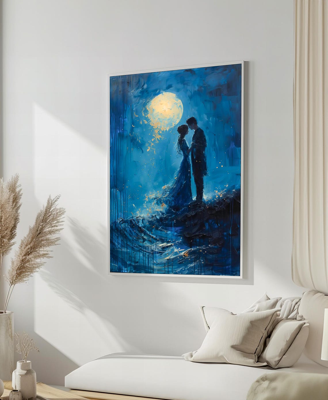 Moonlit Lovers By The Sea Romantic Blue Gold Silhouette Poster