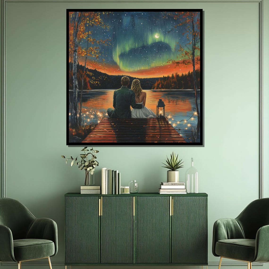 Romantic Couple on Dock Under Northern Lights Lake Night Poster - Image 3